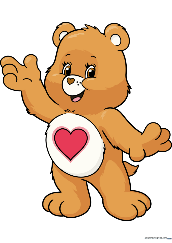 The final, fully colored Care Bear drawing with brown fur and a red heart symbol.