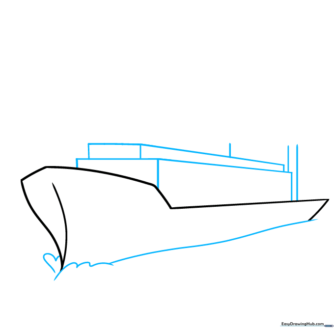 Cargo ship drawing showing the addition of ocean waves and the completed hull outline.
