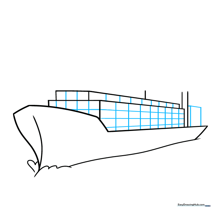 Cargo ship drawing showing rectangular stacks of containers with grid-like patterns.
