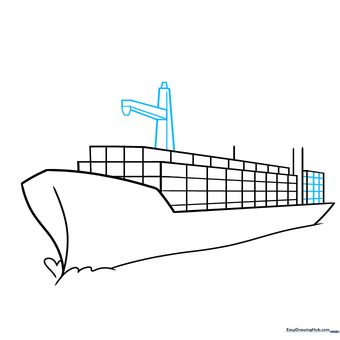 Cargo ship drawing showing the construction of a loading crane using geometric shapes.