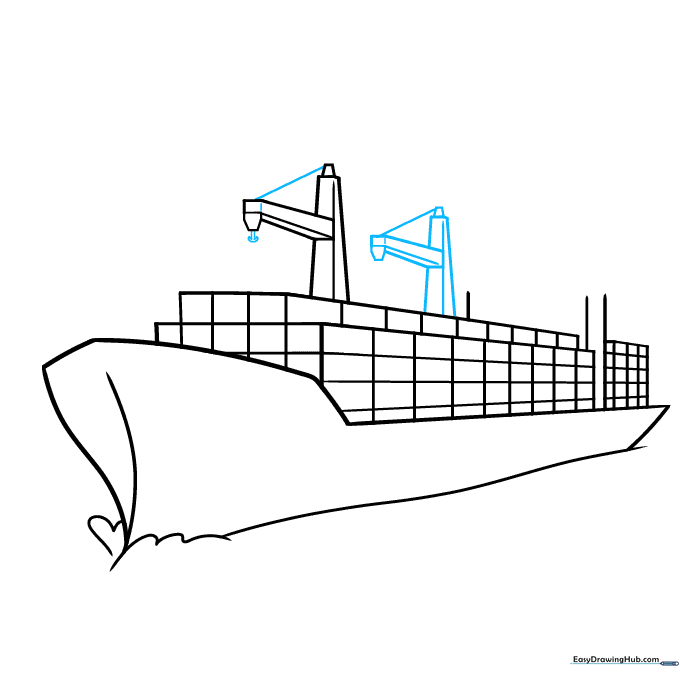 Cargo ship drawing showing two cranes and small anchor details.