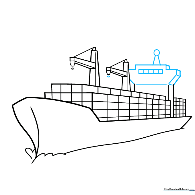 Cargo ship drawing showing the ship's bridge tower with windows and radar antenna.