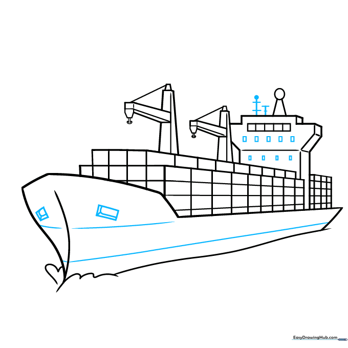 Cargo ship drawing showing added bridge windows, antennas, and hull texture lines.