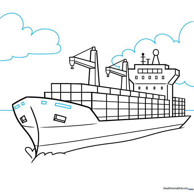 Cargo ship drawing showing the addition of a horizon line and clouds in the sky.