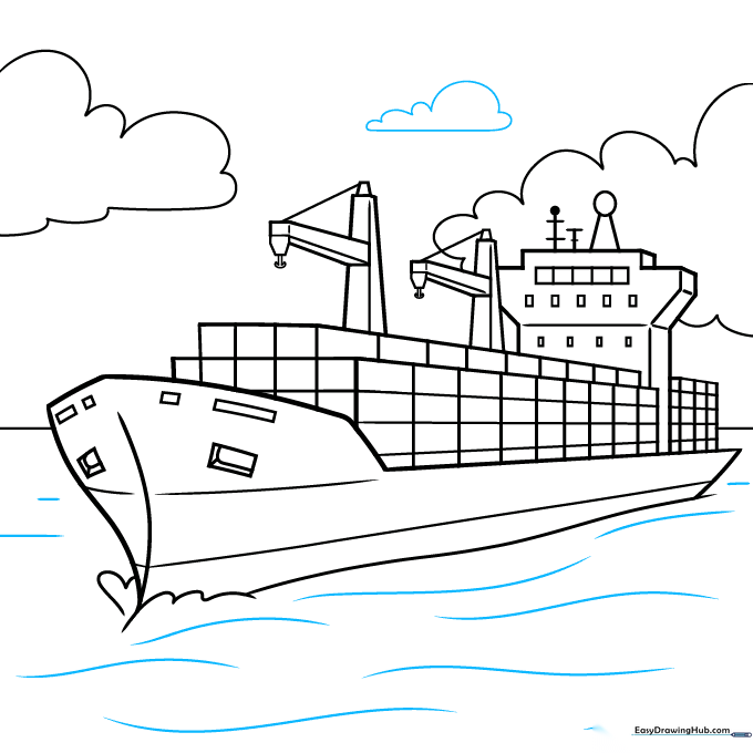 Cargo ship drawing showing final details like extra clouds and water texture.