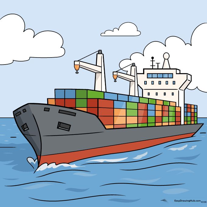 Fully colored cargo ship drawing with vibrant containers and a blue sea.