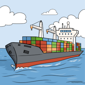 A colorful, finished drawing of a cargo ship on the ocean, suitable for kids.