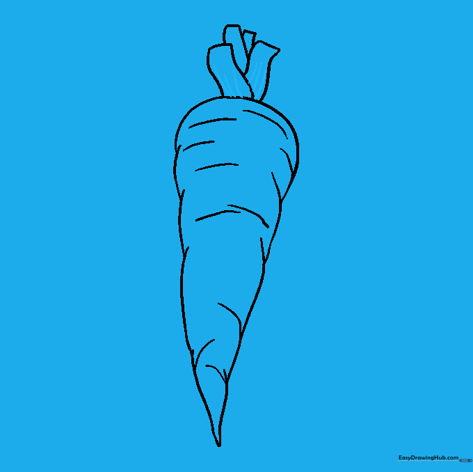 Adding fine detail lines to the carrot leaves for texture.