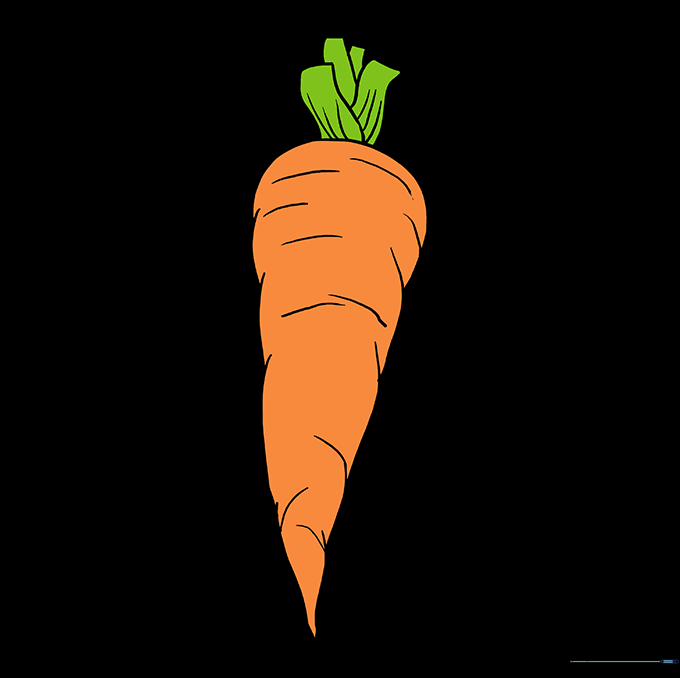 A fully colored, vibrant orange carrot with green leafy tops.