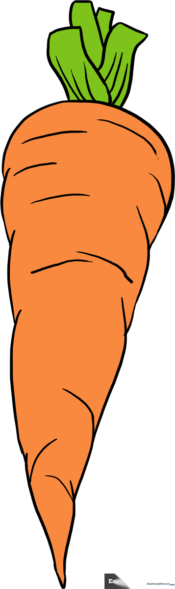 A colorful, finished drawing of a carrot with green tops, displayed on a clean background.