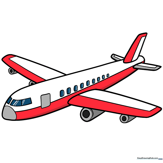 A fully colored cartoon airplane drawing with red and white details.