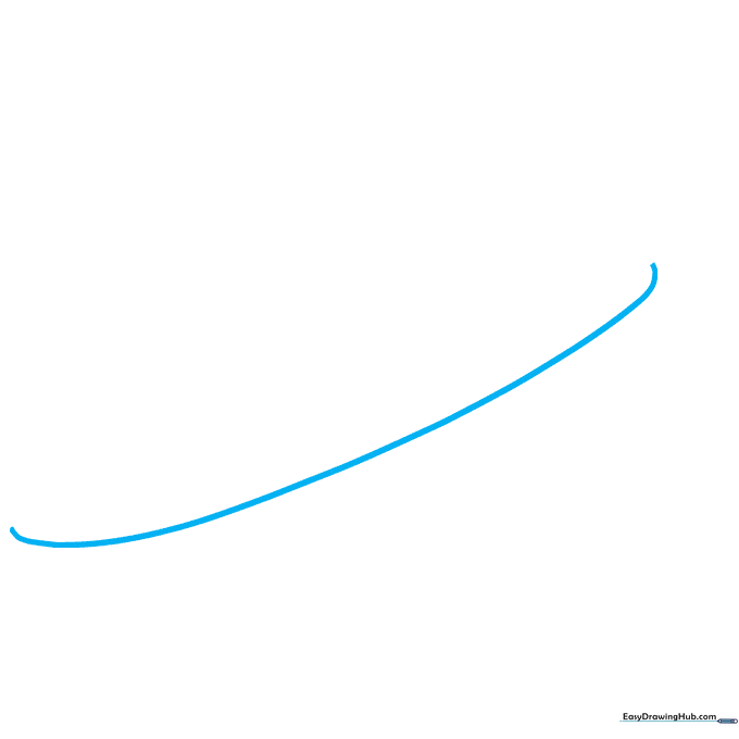 Drawing the bottom curved line of a cartoon airplane fuselage on white paper.
