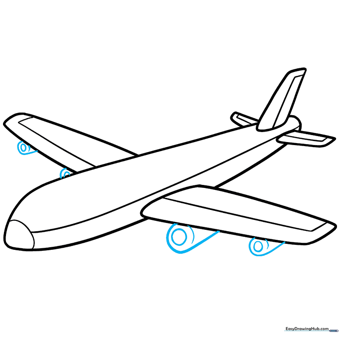 Drawing jet engines attached beneath the wings of the airplane.