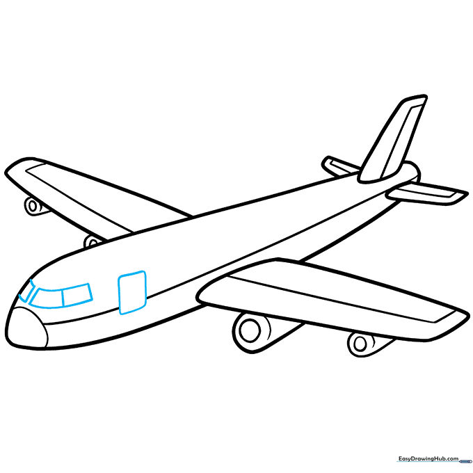 Adding cockpit windows and a passenger door to the airplane fuselage.