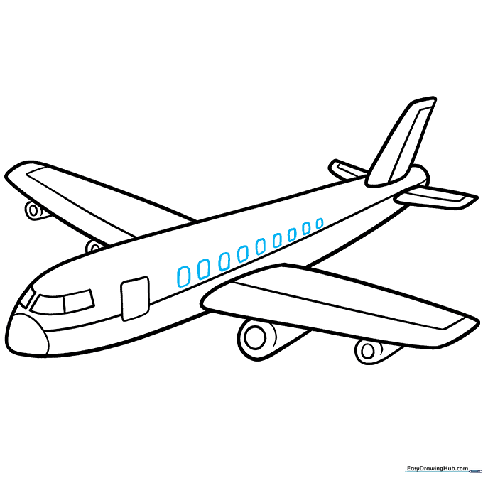 Drawing passenger windows along the side of the airplane.
