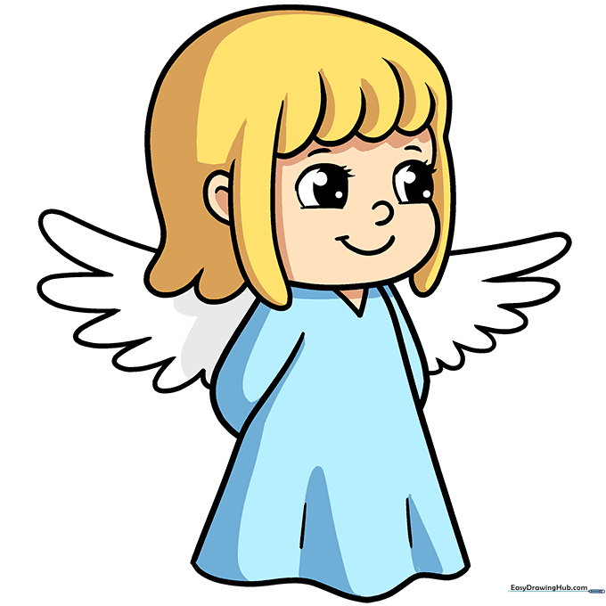 A fully colored cartoon angel drawing with bright, cheerful colors.