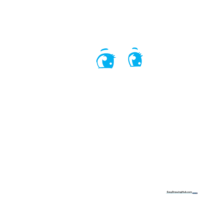 Close-up pencil sketch of two cartoon eyes with pupils and eyelashes on white paper.