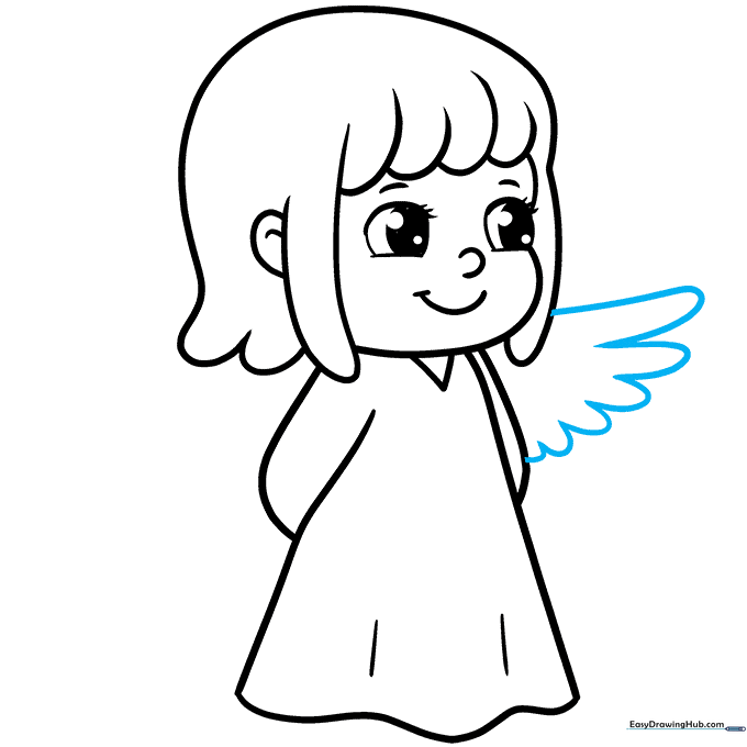Pencil sketch showing the addition of a feathery wing using connected U-shaped lines.