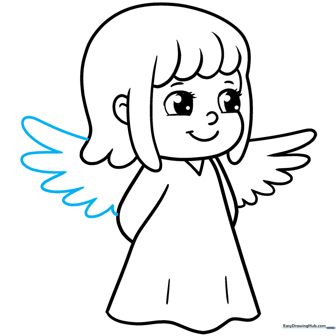 Pencil sketch showing the completed angel with both wings finished.