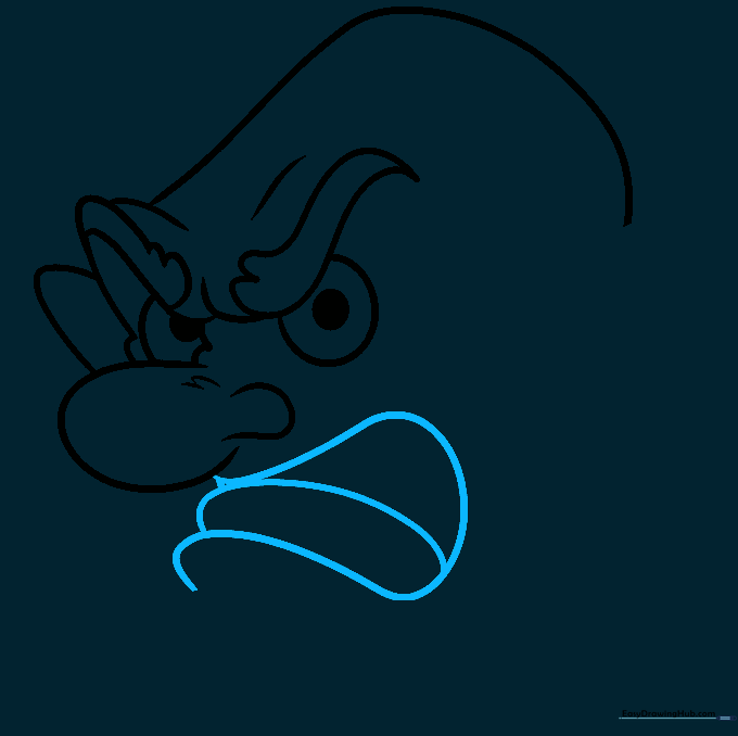 Adding a wide, shouting mouth to the angry cartoon face.