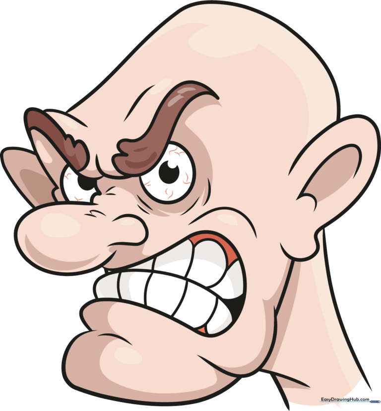 A vibrant, finished drawing of an angry cartoon face.