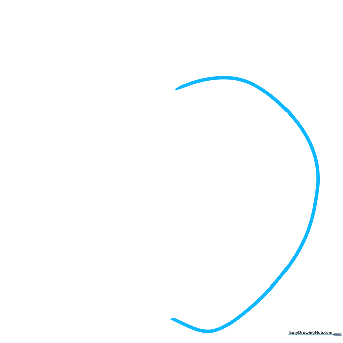 Pencil sketch showing the initial right-side curve of a cartoon apple.