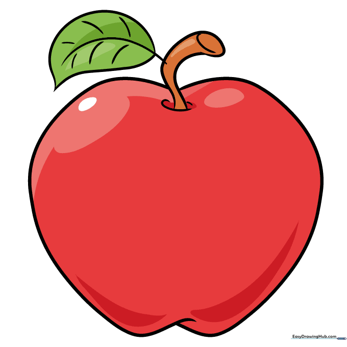 Final colored cartoon apple illustration with highlights and shading.
