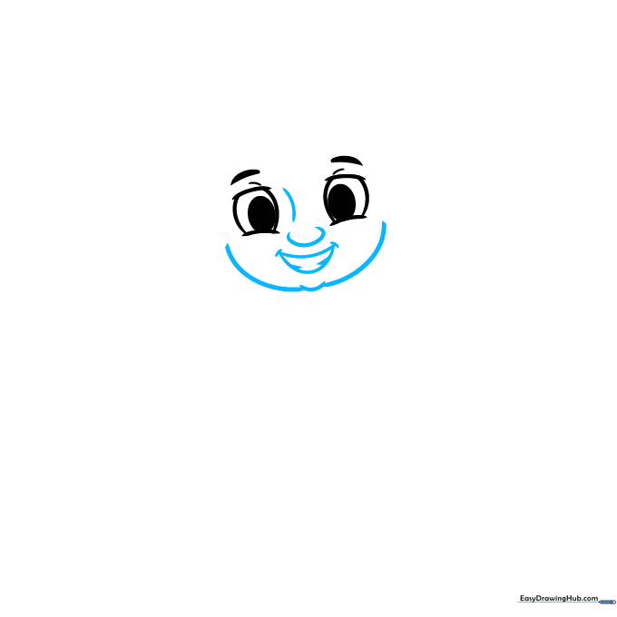 Drawing the nose, mouth, and chin structure for a cartoon character face.