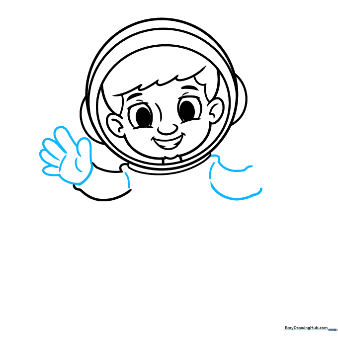 Drawing the arms and shoulder joints of the astronaut suit.