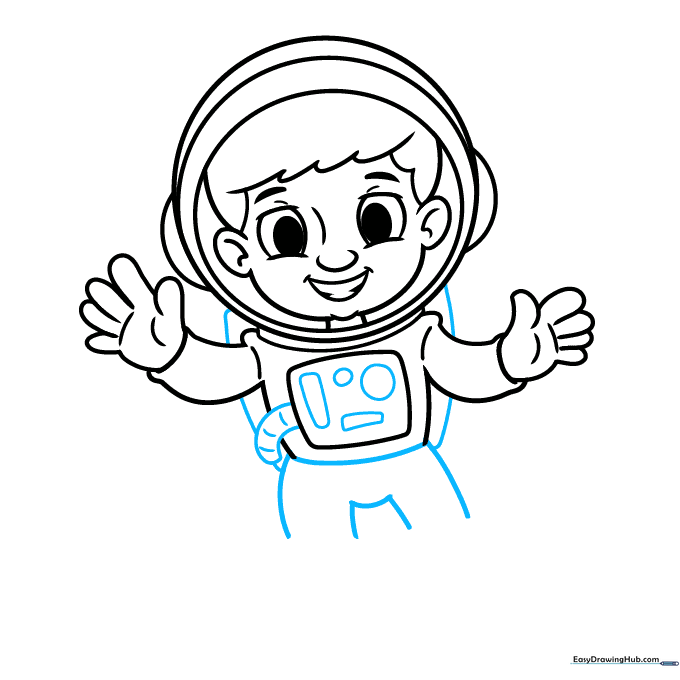 Drawing the legs and lower suit details of the cartoon astronaut.