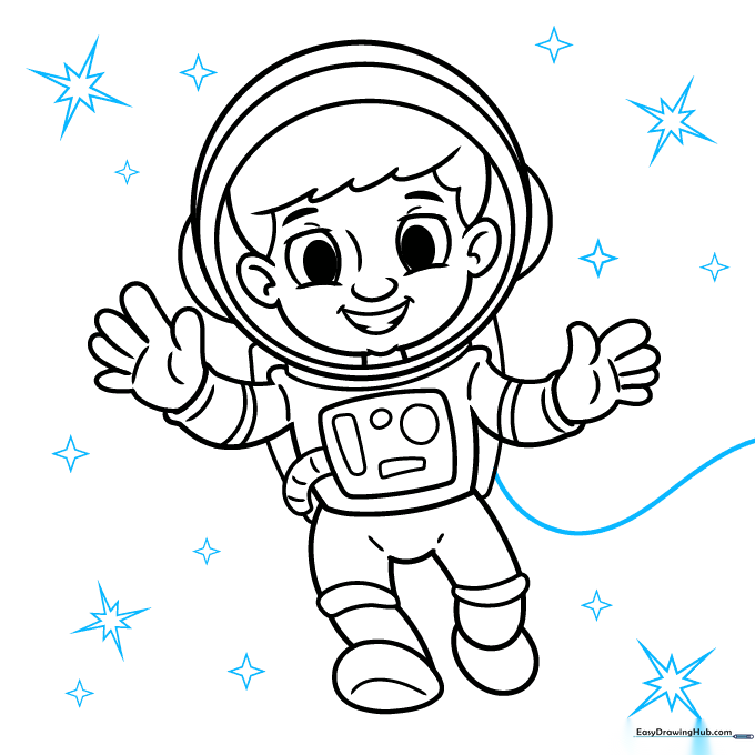 Adding star shapes to the background of the astronaut drawing.