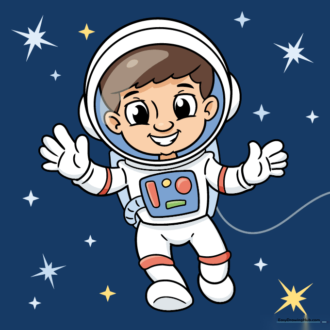 Final colored cartoon astronaut with vibrant suit accents and shiny helmet visor.