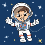 A friendly, colorful cartoon astronaut floating in space, ready for a drawing tutorial.