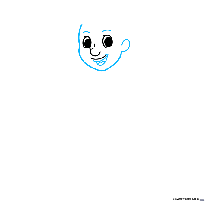 Drawing the head outline, ears, and facial expressions for a cartoon basketball player
