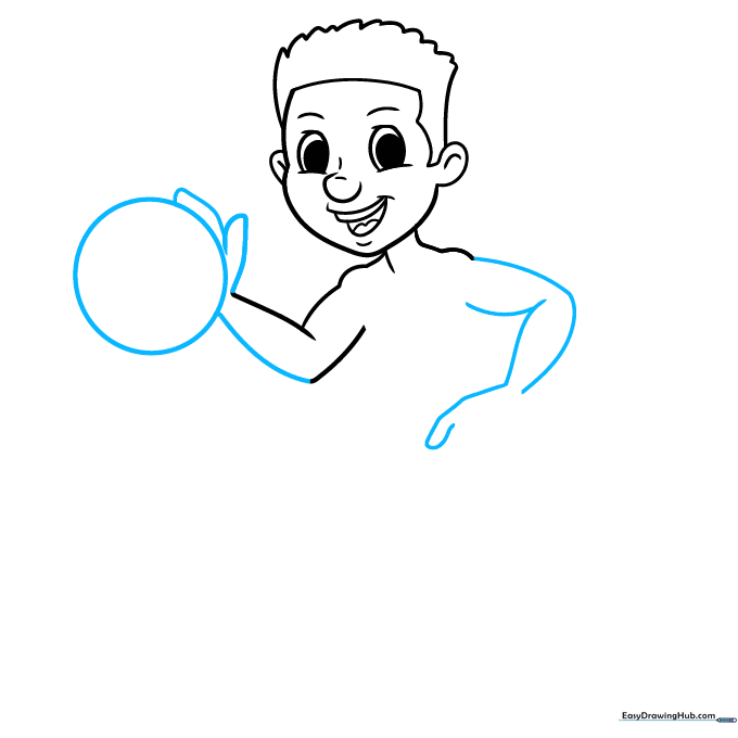 Sketching the basketball and arm placement for the cartoon athlete