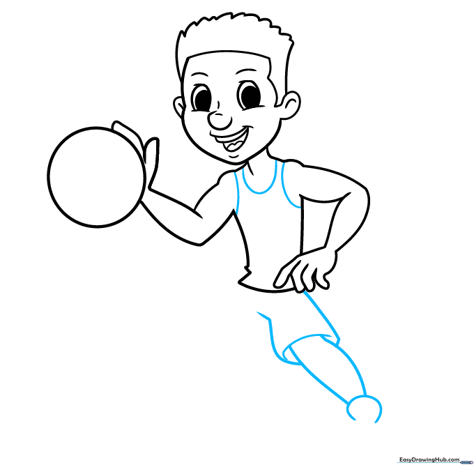 Outlining the shorts and legs of the cartoon basketball player
