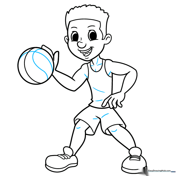 Final line art of the cartoon basketball player with added fabric and muscle contours