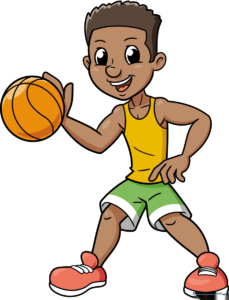 Colorful illustration of a cartoon basketball player holding a ball