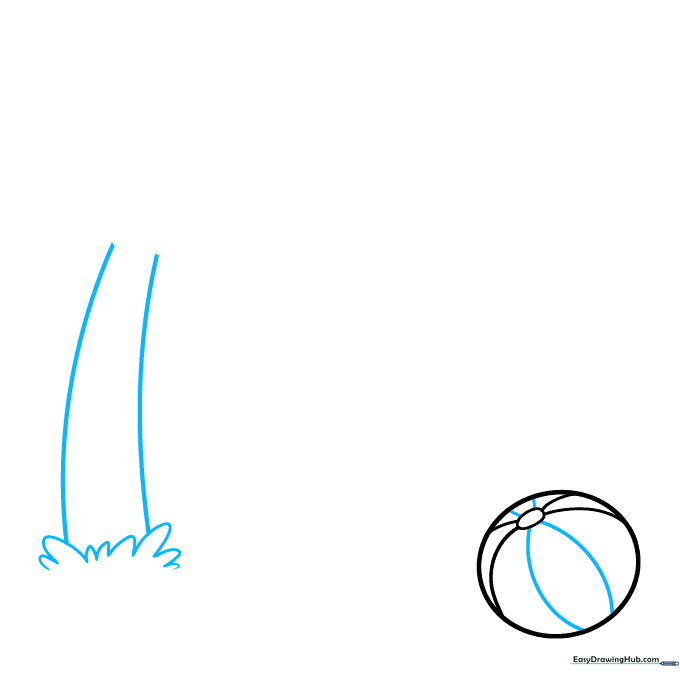 Drawing the base of a palm tree trunk emerging from a patch of grass next to a beach ball.