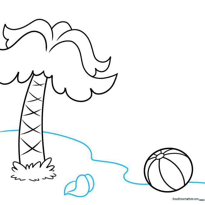 Adding a wavy shoreline line and a small conch shell in the foreground.