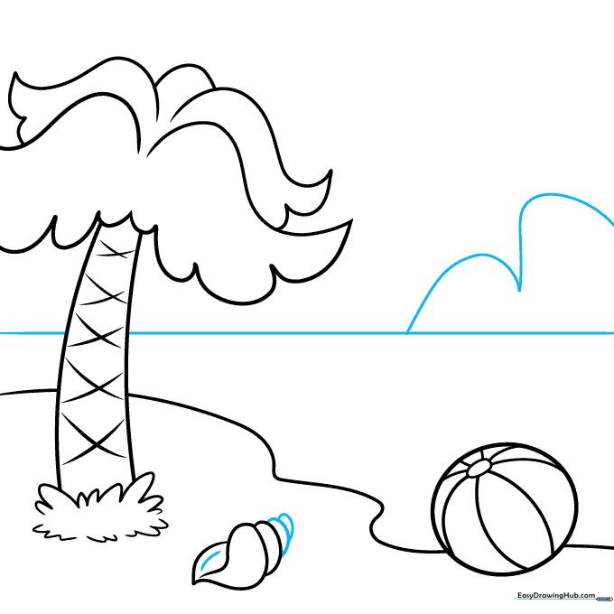 Drawing a straight horizon line and a distant island silhouette.