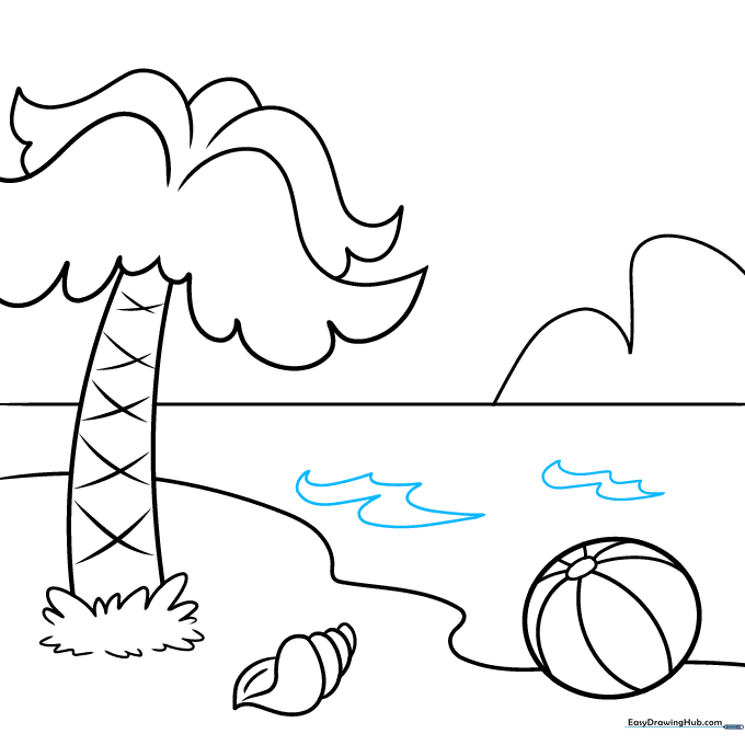 Adding stylized wave patterns to the ocean area of the drawing.