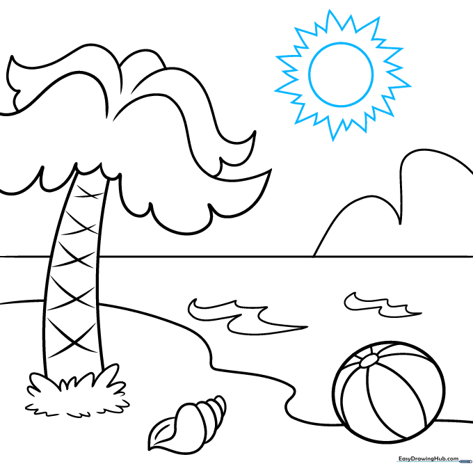 Drawing a sun with V-shaped rays in the upper corner of the sky.
