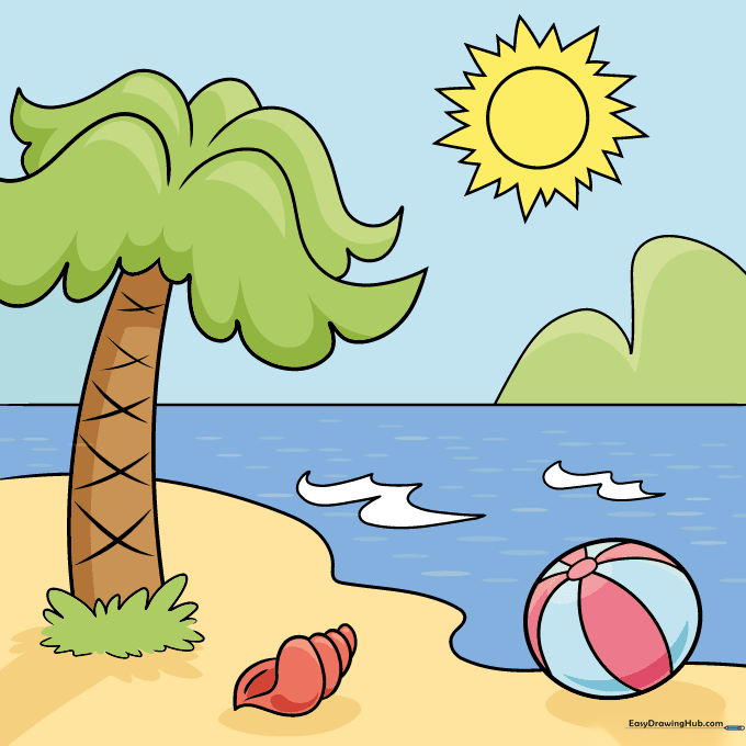 The final colored cartoon beach drawing with a blue ocean, yellow sun, and green palm tree.