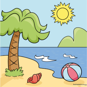 A vibrant, finished cartoon beach scene featuring a palm tree, beach ball, and sun.