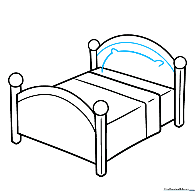 Sketching the fluffy pillow at the head of the bed.
