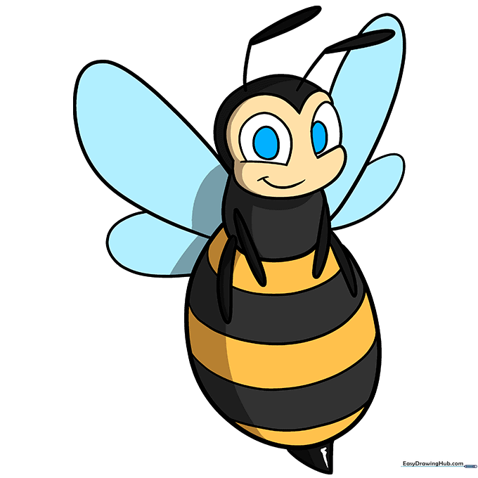 A fully colored, friendly cartoon bee with yellow and black stripes.