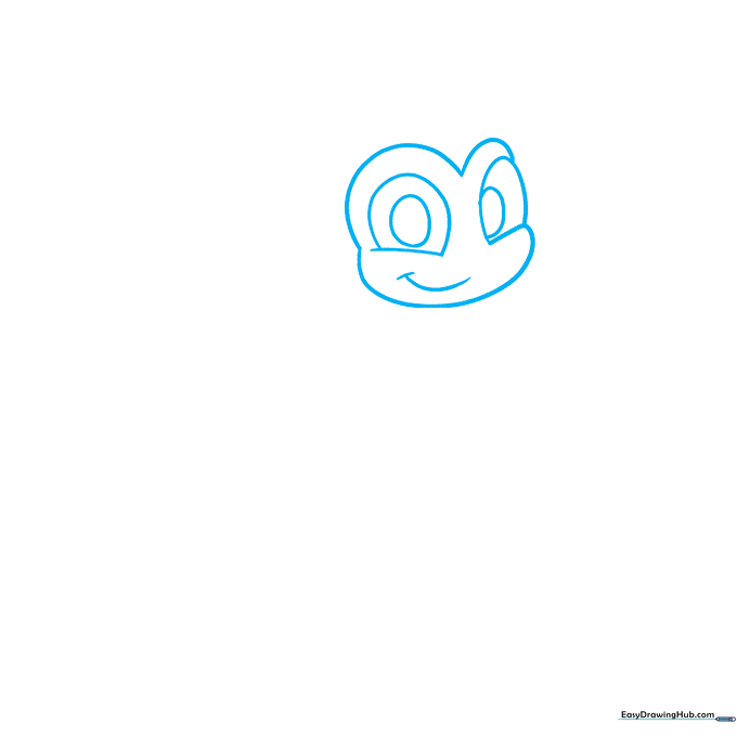 Close-up of a cartoon bee face with large eyes and a smiling mouth drawn in pencil.
