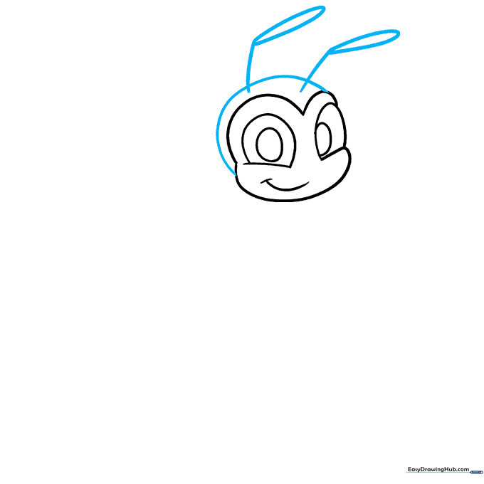 Cartoon bee head with two antennae featuring teardrop-shaped tips.