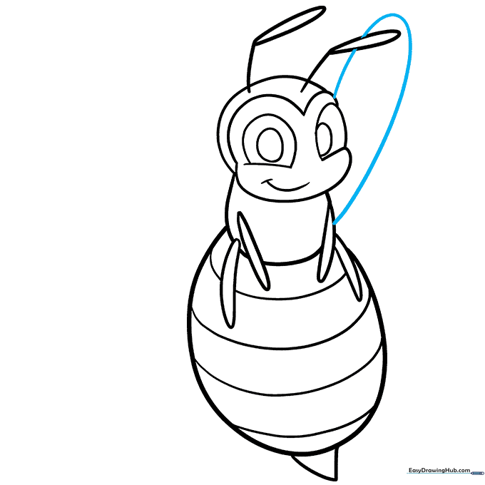 Drawing the first large, curved wing on the bee's back.